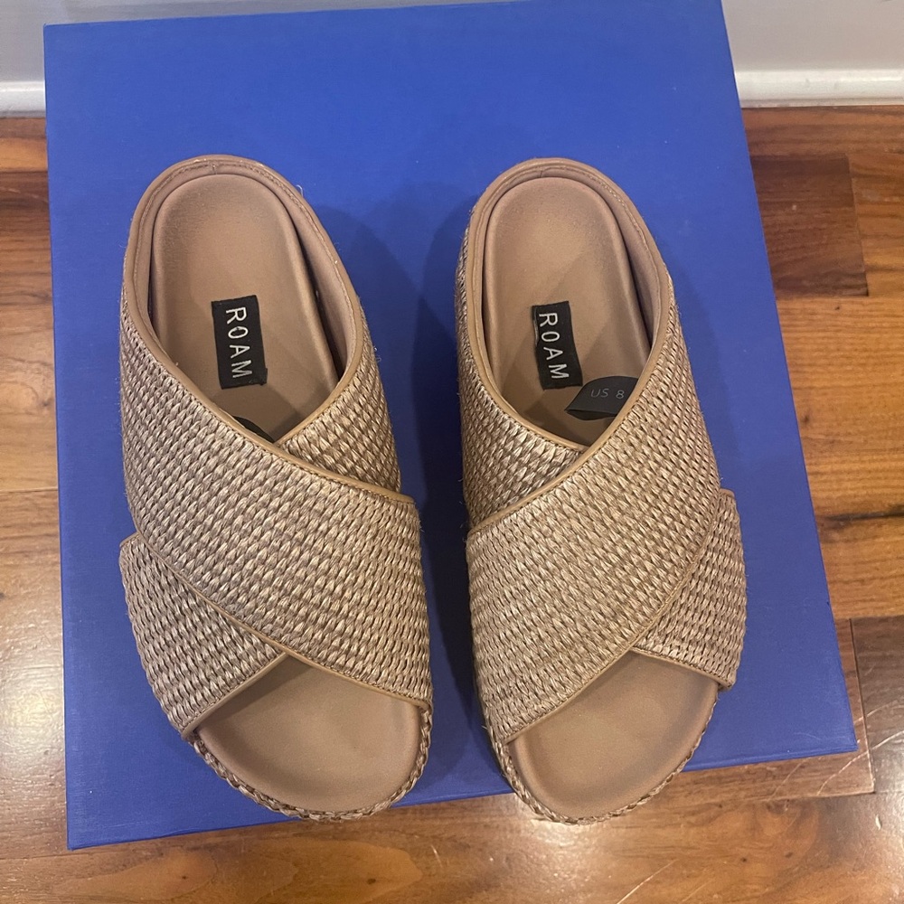 ROAM CROSS STACK RAFFIA PLATFORM SANDALS NATURAL size 8. WORN ONLY ONE TIME!
